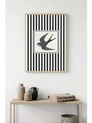 Huhuli Doğal Ahşap Çerçeveli Çizgili Kuş Desenli Tablo - Modern | HUHU1338