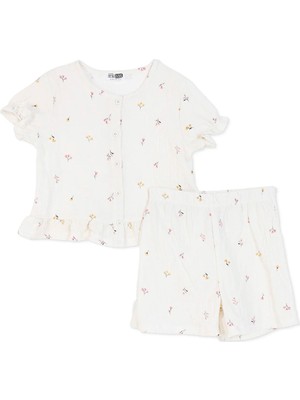 Hellobaby Kız Bebek Bluz-Şort Çiçek Baskılı Düğmeli Bisiklet Yaka Kısa Kol Reçme