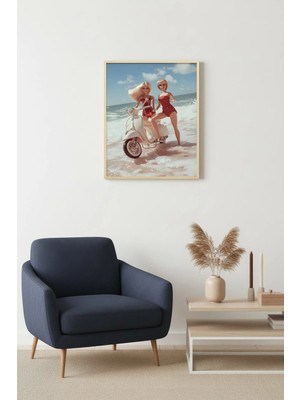 Huhuli Doğal Ahşap Çerçeveli Retro Tarz Tablo - Yaz ve Bohem Desenler | HUHU2504