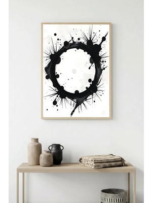 Huhuli Doğal Ahşap Çerçeveli Soyut Siyah Desenli Tablo - Modern | HUHU1190