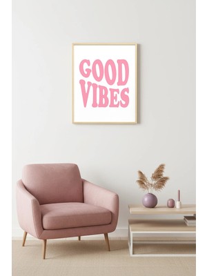 Huhuli Doğal Ahşap Çerçeveli Retro Tablo - Good Vibes Yazılı Pembe | HUHU2741