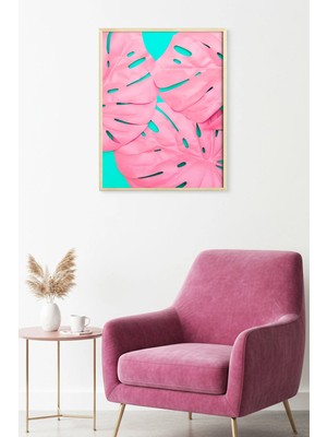 Huhuli Doğal Ahşap Çerçeveli Tropikal Yaprak Desenli Tablo - Pembe | HUHU1758
