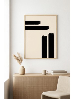 Huhuli Doğal Ahşap Çerçeveli Minimal Siyah Fırça Desenli Tablo - Pastel | HUHU1001