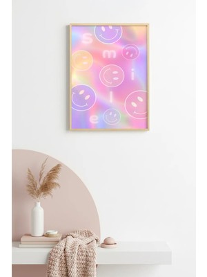 Huhuli Doğal Ahşap Çerçeveli Retro Tablo - Pastel Rainbow Smiley Desenli | HUHU2316