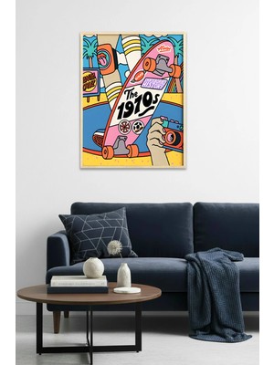 Huhuli Doğal Ahşap Çerçeveli Vintage Skateboard Tablo - Pop Art Grafikleri | HUHU1892