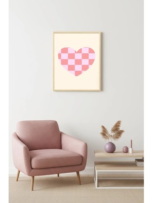 Huhuli Doğal Ahşap Çerçeveli Kalpli Retro Tablo - Pembe Damalı Kalp Tasarımı | HUHU2685