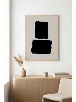 Huhuli Doğal Ahşap Çerçeveli Soyut Siyah Desenli Tablo - Minimal | HUHU1071