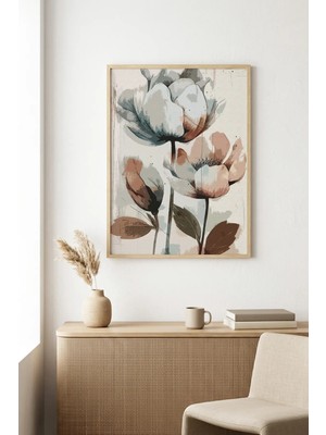 Huhuli Doğal Ahşap Çerçeveli Çiçek Desenli Tablo - Pastel Tonlar | HUHU1311