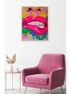 Huhuli Doğal Ahşap Çerçeveli Pop Art Pembe Dudak Tablo - Canlı Tonlar | HUHU1814