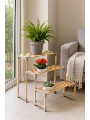 Huhuli Ahşap Merdiven Tipi 3 Katlı Çiçeklik ve Saksılık Modüler Demonte 71 cm