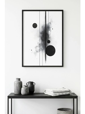 Huhuli Doğal Ahşap Çerçeveli Soyut Siyah-Beyaz Desenli Tablo - Minimal | HUHU1218