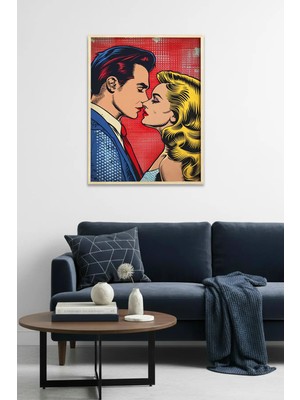 Huhuli Doğal Ahşap Çerçeveli Romantik Pop Art Desenli Tablo - Kırmızı Tonlar | HUHU1859