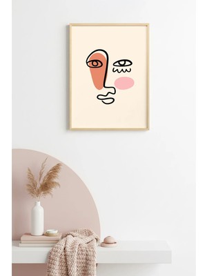 Huhuli Doğal Ahşap Çerçeveli Soyut Yüz Portresi Tablo - Minimalist Line Art | HUHU2671