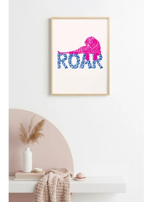 Huhuli Doğal Ahşap Çerçeveli Retro Kaplan Tablo - Pembe ve Mavi Roar Deseni | HUHU2239