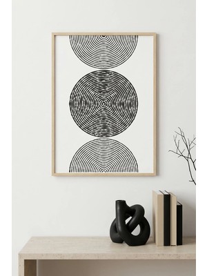 Huhuli Doğal Ahşap Çerçeveli Geometrik Desenli Tablo - Siyah Beyaz | HUHU1584