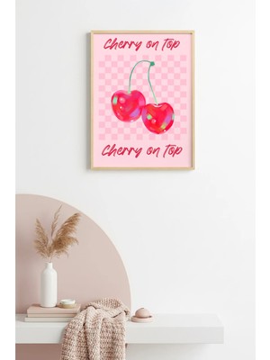 Huhuli Doğal Ahşap Çerçeveli Pop Art Cherry On Top Tablo - Retro Kiraz Desenli | HUHU2604