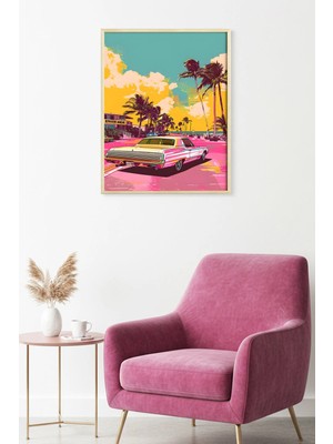 Huhuli Doğal Ahşap Çerçeveli Retro Otomobil Tablo - Pop Art | HUHU1886