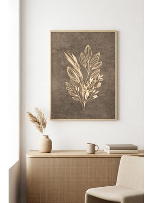 Huhuli Doğal Ahşap Çerçeveli Minimal Yaprak Desenli Tablo - Pastel Tonlar | HUHU1087