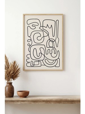 Huhuli Doğal Ahşap Çerçeveli Minimal Line Art Tablo - Soyut Tema | HUHU1616