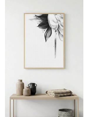 Huhuli Doğal Ahşap Çerçeveli Minimal Siyah Beyaz Çiçek Desenli Tablo - Modern Tema | HUHU1315