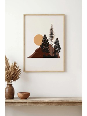 Huhuli Doğal Ahşap Çerçeveli Minimal Dağ Manzaralı Tablo - Pastel Tonlar | HUHU1578