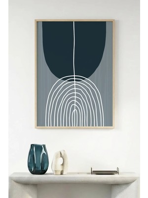 Huhuli Doğal Ahşap Çerçeveli Minimal Geometrik Desenli Tablo - Soğuk Tonlar | HUHU1037