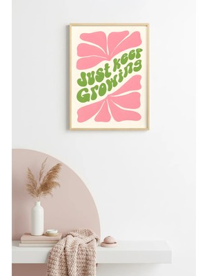 Huhuli Doğal Ahşap Çerçeveli Retro Tablo - Yeşil Pembe Büyüme Mesajlı Poster | HUHU2810