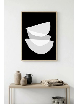 Huhuli Doğal Ahşap Çerçeveli Minimal Geometrik Desenli Tablo - Beyaz | HUHU1086