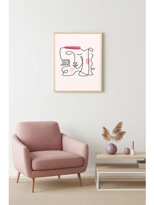 Huhuli Doğal Ahşap Çerçeveli Soyut Line Art Kadın Portresi Tablo - Pembe Tonlar | HUHU2087