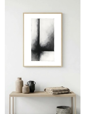Huhuli Doğal Ahşap Çerçeveli Soyut Minimalist Tablo - Siyah-Beyaz | HUHU1209