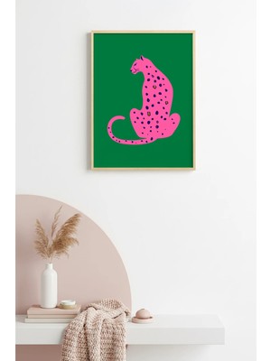 Huhuli Doğal Ahşap Çerçeveli Retro Kedi Tablo - Pembe Leopar Desenli | HUHU2379