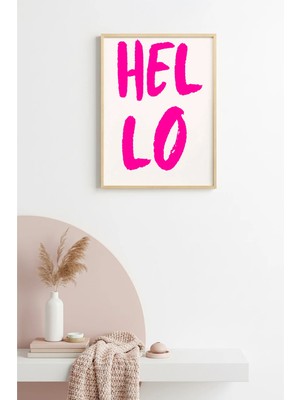 Huhuli Doğal Ahşap Çerçeveli Retro Tablo - Hello Yazılı Pembe Tipografi Tablo | HUHU2219