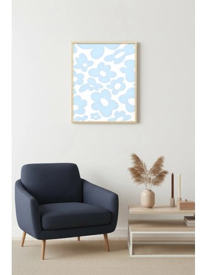 Huhuli Doğal Ahşap Çerçeveli Retro Tablo - Pastel Mavi Çiçek Desenli | HUHU2542
