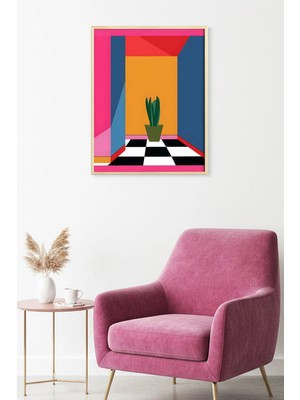 Huhuli Doğal Ahşap Çerçeveli Geometrik Desenli Tablo - Retro | Pembe-Turuncu | HUHU1919