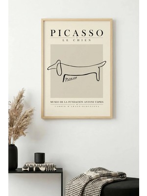 Huhuli Doğal Ahşap Çerçeveli Minimalist Köpek Desenli Tablo - Siyah-Beyaz | HUHU1111
