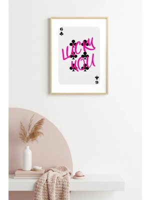 Huhuli Doğal Ahşap Çerçeveli Retro Tablo - Lucky You Script - Pembe Tonlar | HUHU2331
