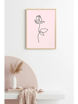 Huhuli Doğal Ahşap Çerçeveli Retro Çizgi Desenli Gül Tablo - Minimalist | HUHU2350