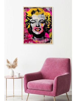 Huhuli Doğal Ahşap Çerçeveli Sarı-Pembe Grafik Desenli Tablo - Pop Art | HUHU1923