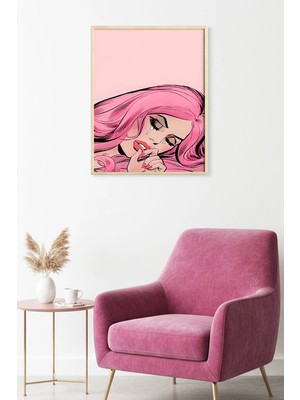 Huhuli Doğal Ahşap Çerçeveli Pop Art Portre Tablo - Pembe Tonlar | HUHU1819