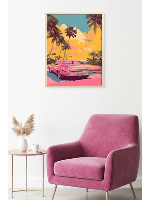 Huhuli Doğal Ahşap Çerçeveli Tropical Desenli Tablo - Retro Pembe Tonlar | HUHU1813