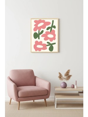Huhuli Doğal Ahşap Çerçeveli Retro Pop Art Tablo - Pembe Çiçekler | HUHU2535