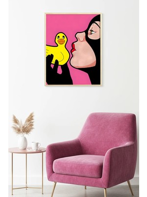 Huhuli Doğal Ahşap Çerçeveli Karikatür Desenli Tablo - Sarı ve Pembe Tonlar | HUHU1935