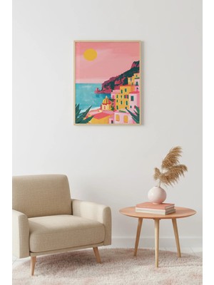 Huhuli Doğal Ahşap Çerçeveli Retro Tablo - Akdeniz Sahili Pastel Tonlar | HUHU2568