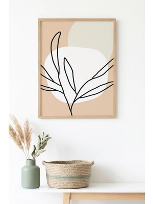 Huhuli Doğal Ahşap Çerçeveli Minimal Yaprak Desenli Tablo - Pastel Tonlar | HUHU1386