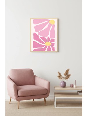 Huhuli Doğal Ahşap Çerçeveli Retro Çiçekli Tablo - Pastel Pembe Çiçek Desenli | HUHU2745
