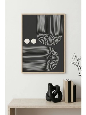 Huhuli Doğal Ahşap Çerçeveli Minimal Çizgi Desenli Tablo - Siyah-Beyaz | HUHU1439