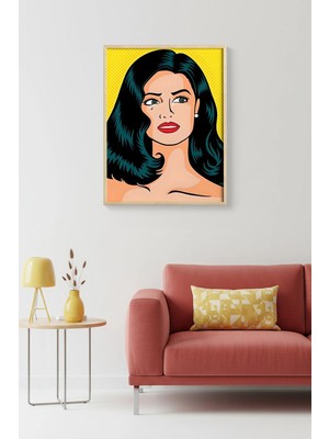 Huhuli Doğal Ahşap Çerçeveli Pop Art Kadın Portresi Tablo - Sarı Tonlar | HUHU1763