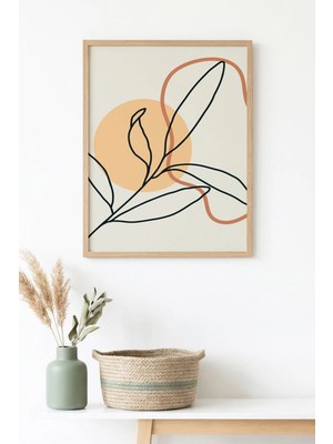 Huhuli Doğal Ahşap Çerçeveli Minimal Yaprak Desenli Tablo - Pastel Tonlar | HUHU1387