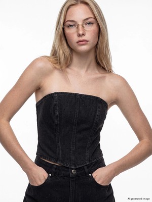 Lc Waikiki Yeni Sezon Straplez Yaka Taşlı Crop Jean Bluz