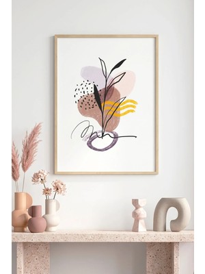 Huhuli Doğal Ahşap Çerçeveli Soyut Bitki Desenli Tablo - Pastel Tonlar | HUHU1057